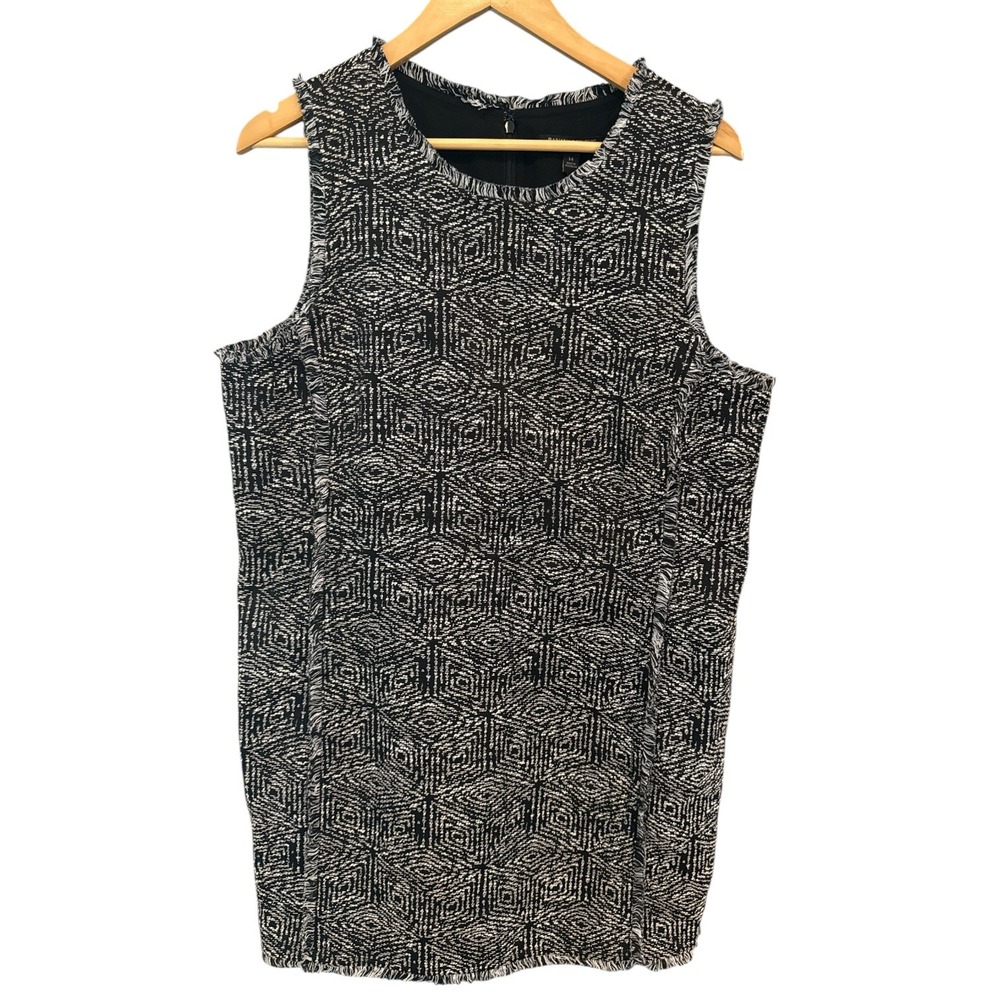 Banana Republic Geometric Fringe Tweed Shift Dress Black White Size 14 Old Money